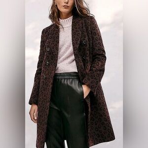 Ann Taylor Petite Cheetah Print Double breasted chesterfield coat Small